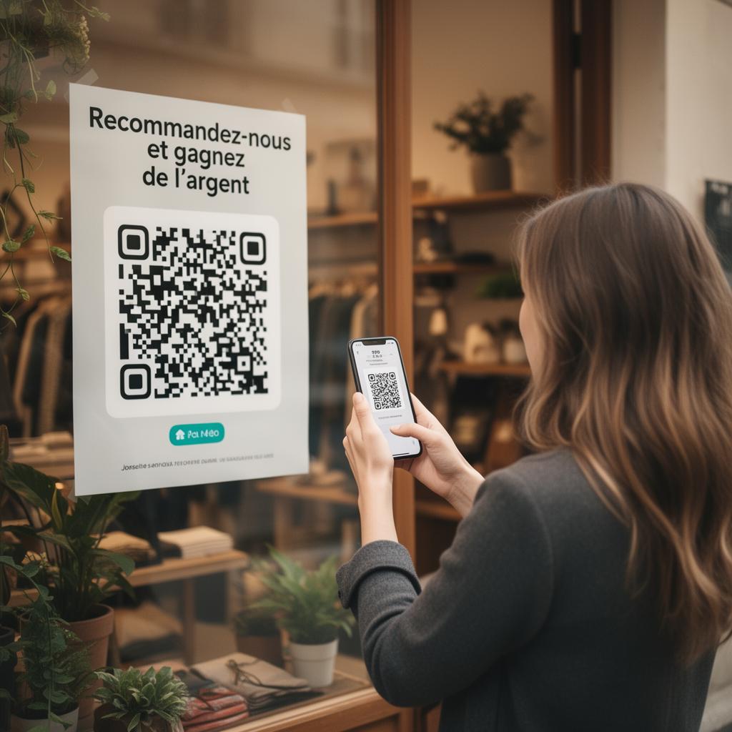 Cliente scannant un QR code Beezy'UP dans une boutique de proximité